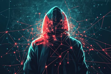 Digital hooded figure connected to a complex network system