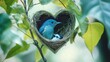 © fahad - A blue bird with its head in the leaves of an open heart-shaped tree, trying to reach for its baby bird's nest which is hanging from one leaf at a high altitude