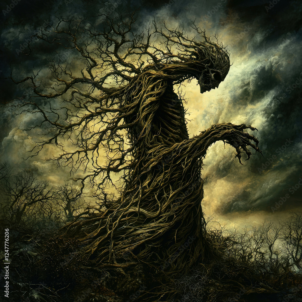 Twisted Tree Creature with Skeletal Wooden Arms Emerges from Dark ...