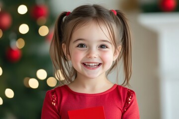 Wall Mural - Happy Child Smiling with Holiday Card in Front of Christmas Tree Decorations and Blurred Lights