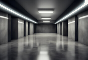 Wall Mural - concrete glossy gallery corridor showroom hallway 3d white lights rendering hall elegant empty dark stripe grunge tunnel big underground garage studio three-dimensional abstract architectural
