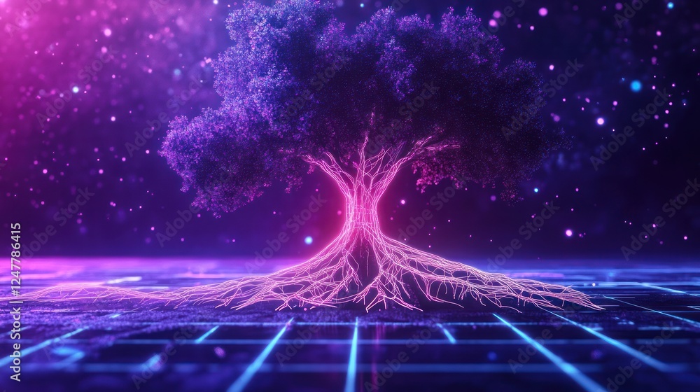 Glowing purple tree, digital roots, neon grid background Stock ...