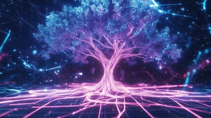 Glowing digital tree, network roots, dark space, tech concept, website banner