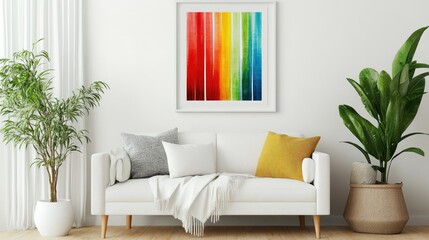 Wall Mural - Colorful abstract art print above white sofa in minimalist living room with plants.