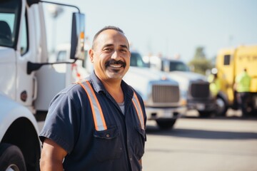 Wall Mural - Smiling portrait of a middle aged Mexican male tow truck driver