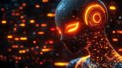3D rendering of a female robot with neon lights in the background