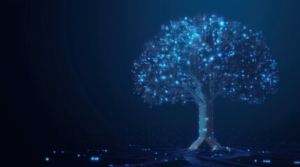 Glowing digital tree, dark background, network concept, technology illustration
