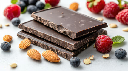 Wall Mural - Rich dark chocolate with almonds and fresh berries on light background