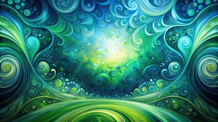 Wall Mural - Whimsical swirling patterns in vibrant greens and blues create a fantastical landscape, evoking a sense of wonder and tranquility.