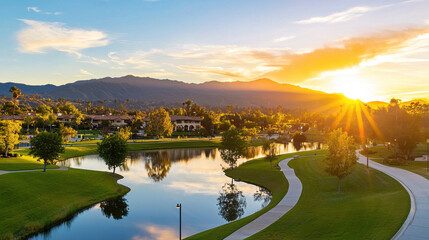 vibrant sunset casting colorful reflections over serene lake, surrounded by lush greenery and mountains