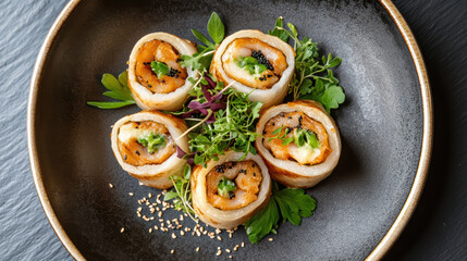 Poster - delightful arrangement of sushi rolls garnished with fresh herbs