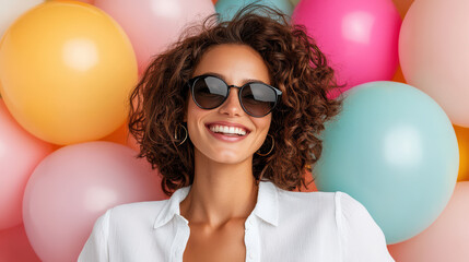 Wall Mural - cheerful woman in sunglasses poses playfully against colorful balloons