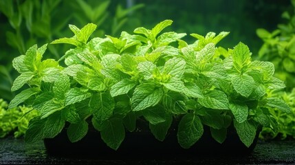 Fresh mint plants in garden, lush green leaves, dark background, healthy herb, cooking ingredient