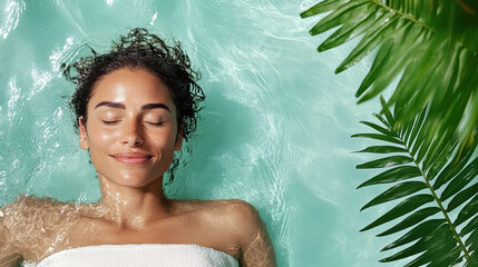 Wall Mural - woman floating peacefully in water, eyes closed, surrounded by greenery