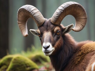 Wall Mural - Mouflon, Ovis orientalis, forest-horned animal in its natural habitat, portrait of mammal with large horns