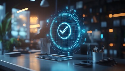 Aufkleber - Futuristic digital checkmark hologram with glowing icons on blurred desk background, technology concept, 3D rendering
