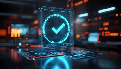 Aufkleber - Futuristic digital checkmark hologram with glowing icons on blurred desk background, technology concept, 3D rendering