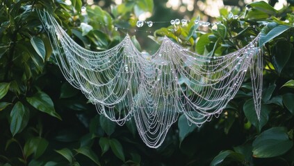 Beautiful photograph of a spider web with dew drops on silk in the morning light with a blurred background