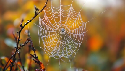 Beautiful photograph of a spider web with dew drops on silk in the morning light with a blurred background
