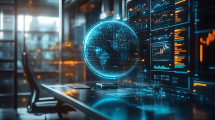 Fototapete - Futuristic digital globe overlay on modern office desk with computer and digital elements, 3D render, hightech business concept