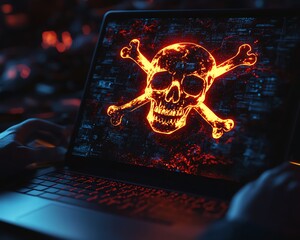 Poster - Laptop screen displaying glowing skull and crossbones, person holding device, dark cyber background, symbolizing hacking and security threat, 3D render