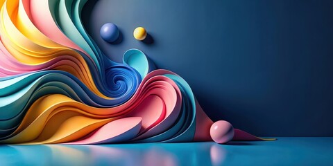Wall Mural - Abstract Colorful Swirling Forms with Smooth Spheres on a Deep Blue Background