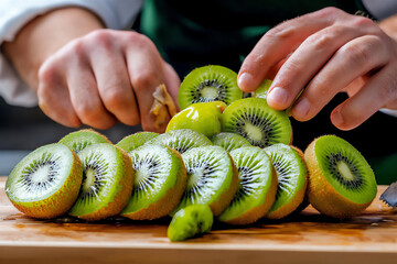 Poster -  a chef peeling kiwis for a fruit salad