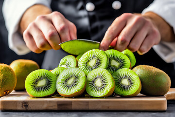 Poster -  a chef peeling kiwis for a fruit salad