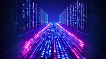 Digital Data Stream Flows Through Neon Cityscape