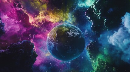 Wall Mural - A vibrant planet in a colorful nebula with surrounding rocky formations in deep space