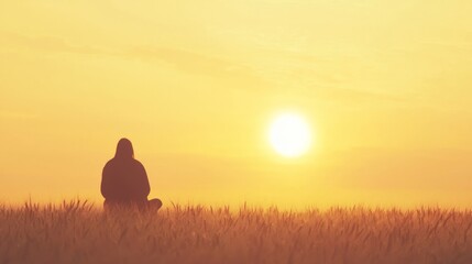 Canvas Print - Silhouette of a Kneeling Figure at Sunset in a Serene Landscape