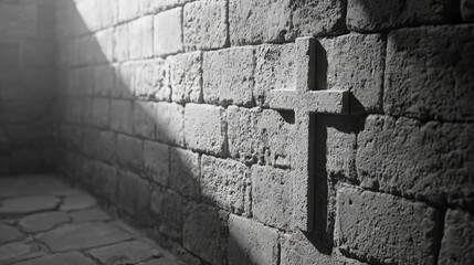 Black and White Cross on Stone Wall in Dramatic Light