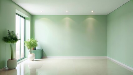 Wall Mural - serene minimalist room interior design with pale green walls and potted plants near window