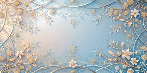 Wall Mural - Elegant Pastel Blue and Gold Floral Design with Intricate Scrollwork and 3D Embellishments Perfect for Wallpaper or Decorative Print