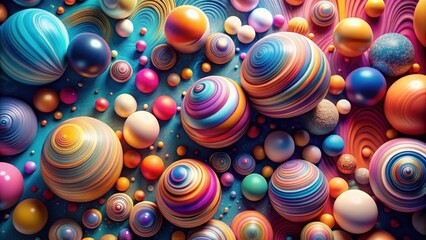 A vibrant collection of multicolored spheres, swirling in concentric patterns, rests on a textured surface.  The spheres vary in size and shade, creating a dynamic and visually appealing composition.