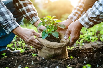 farmer carrying a bag of of potting seedlings to be planted into the soil