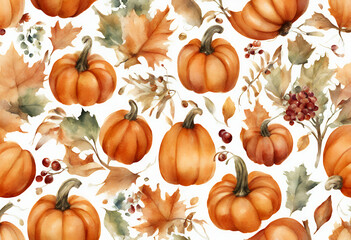 Wall Mural - white day fall foliage themed thanksgiving pattern pumpkins background berries painted watercolor harvest hand seamless orange print pumpkin leaf autumn flower arrangement october nature squash