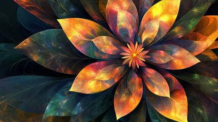 16121056 91 91.Stylized digital artwork of an abstract flower with broad leaves and vibrant textures