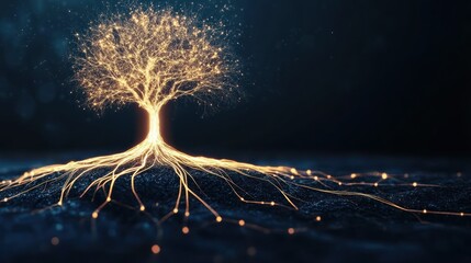 Glowing digital tree roots network dark background