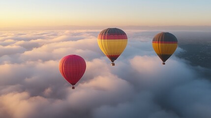  Sunrise hot air balloons soaring above cloudscape, aerial view, travel