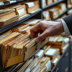 High-resolution image of a hand carefully selecting a file from a meticulously organized archive of aged documents, showcasing vintage paper textures, archival storage, historical research, and