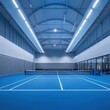© NAIMAH - Indoor tennis court, modern building, blue surface, high ceiling, sports facility
