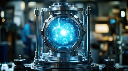 futuristic energy reactor, glowing blue core, industrial setting, science fiction concept