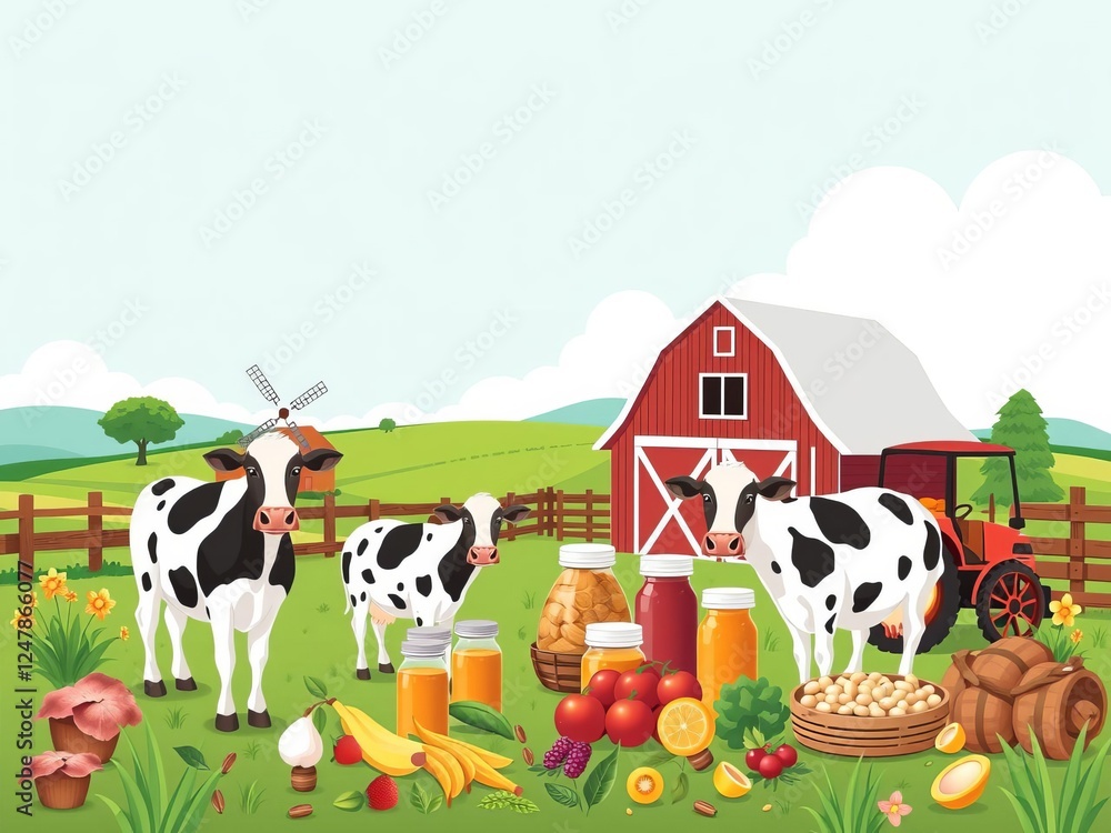 Vector illustration of a farming background with barn, windmill ...