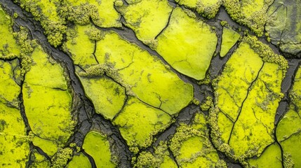 Wall Mural - aerial shot of spreading moss growth, bright green organic texture, natural stone background, scattered vegetation patterns, damp surface detail, environmental texture study, botanical close-up