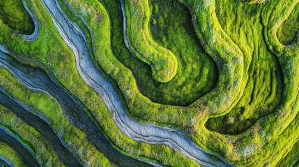 Wall Mural - aerial shot of spreading moss growth, bright green organic texture, natural stone background, scattered vegetation patterns, damp surface detail, environmental texture study, botanical close-up