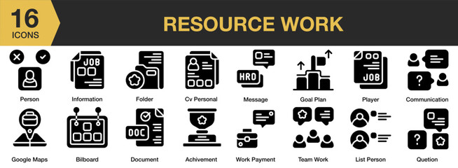 Wall Mural - Resource Work solid icon set. Includes career, recruitment, strategy, resource, development, and More. Solid icons vector collection.