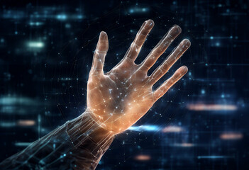 Wall Mural - created network dark hologram artificial intelligence space neural digital hand background copy comm