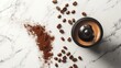 © Chaikit - Coffee making scene, artisan coffee grinder, freshly ground coffee spill, whole beans display, white marble surface, minimal food composition, natural morning ambiance, overhead documentary style