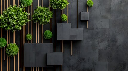 Aufkleber - Minimalist and Geometric Garden Design with Rectangular Planter Boxes and Dark Gray Stone Pavement Creating a Tranquil and Serene Outdoor Space with Lush Foliage and Natural Textures